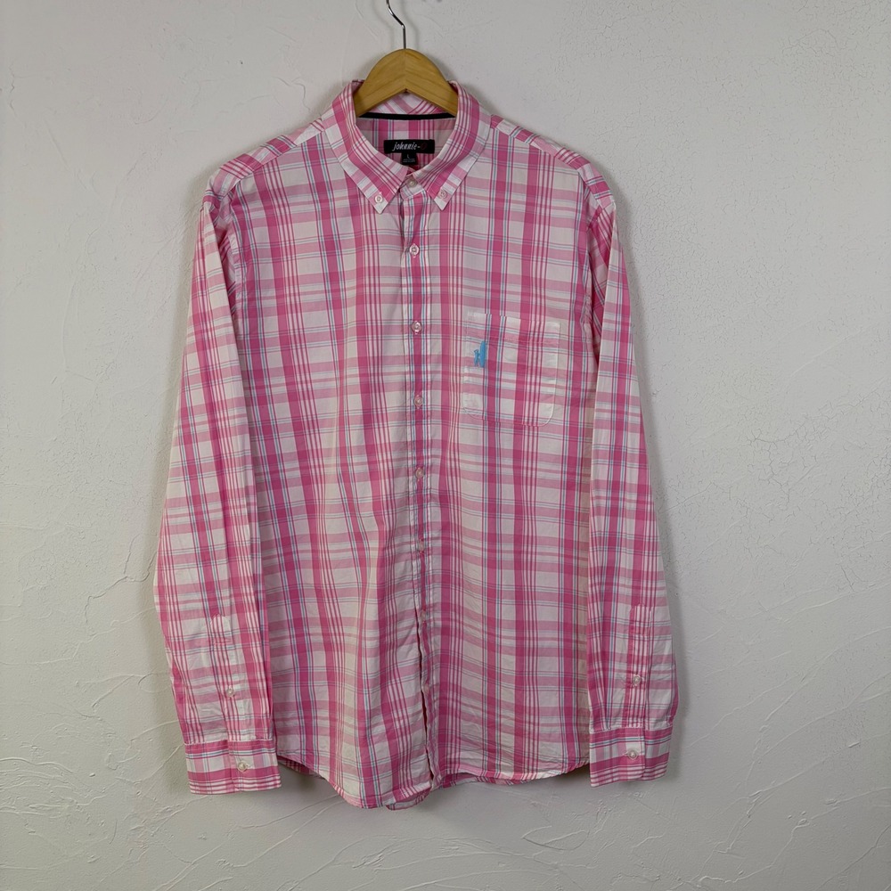 Johnnie-O Plaid Button Down Shirt Mens Large Pink Blue Cotton Preppy Coastal